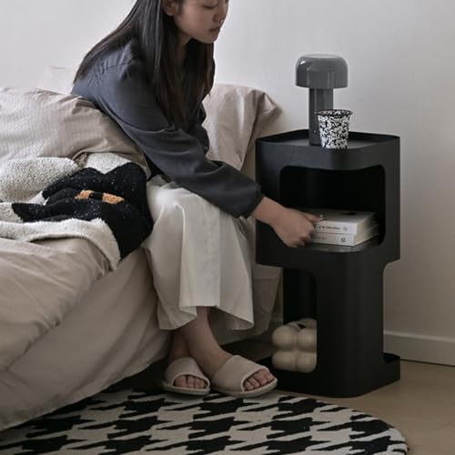 Small Metal Side Table with Storage Shelf - Black Trumpet Variant, Space-Saving Nightstand for Living Room & Bedroom