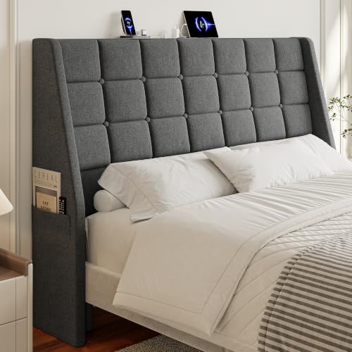 Queen Size Upholstered Headboard with Charging Station, Wingback Support