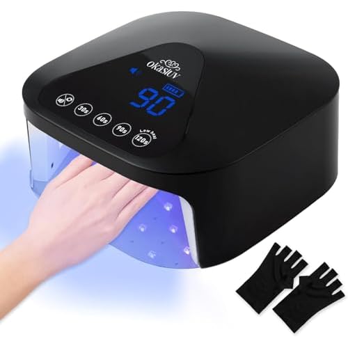 UV LED Nail Lamp with UV Gloves,Magnetic Metal Mirror Base Cordless Nail Dryer, Gel Polish Curing Light with 4 Timers,Touch Control Display,Auto Sensor for Professional Salon & Home