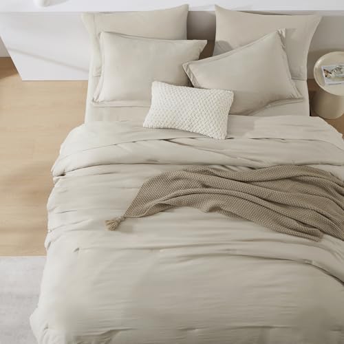 Queen Comforter Set - 7 Pieces Soft Microfiber Bedding in a Bag - Light Oatmeal, Queen (90x90)