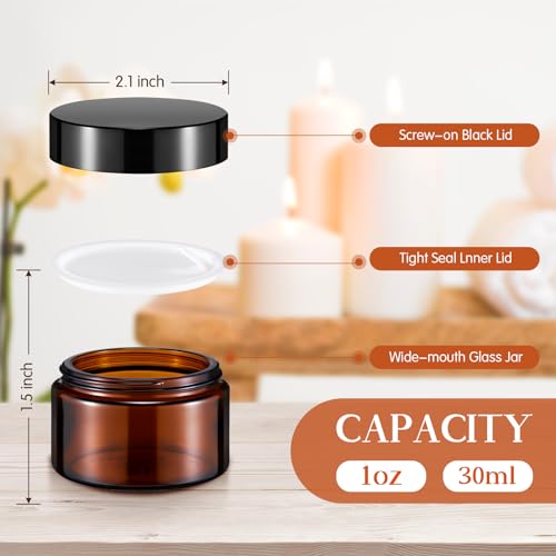 Glass Jars Bulk 60pcs 1oz with Amber & Black Plastic Lids - Travel & Storage