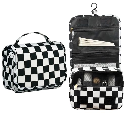 Crazy Bison Hanging Travel Toiletry Bag Kit Makeup Bag Cosmetics Organizer for Men Women (Black & White Checkerboard)