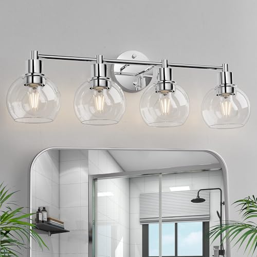 4 Lights Bathroom Vanity Light Fixtures - Chrome Globe Wall Sconce, Industrial Farmhouse Style - Polished Chrome, Over Mirror