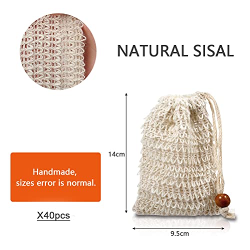 40Pack Soap Saver Bag Exfoliating Sisal Soap Pouch with Drawstring Bar Wooden Bead Foaming and Drying Exfoliating Net for Bath and Shower