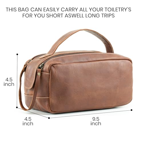 Handmade World Leather Toiletry Bag for Men - Genuine Full Grain Leather Dopp Kit ¡°Golden Oak¡± - Large Travel Shaving Kit Organizer Grooming Bag