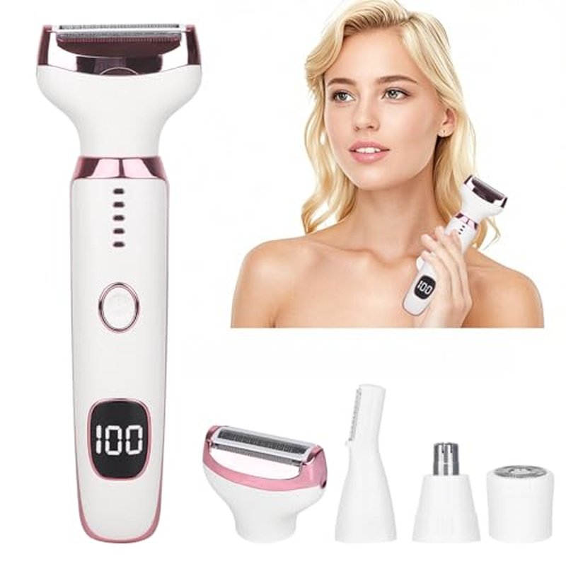 Electric Razor for Women Men with LED Display,4 in 1 Ladies Wet & Dry Body Razors and Facial Hair Remover, Rechargeable Hair Removal Kit for Nose Face Body Leg Bikini Arm Hair (White)