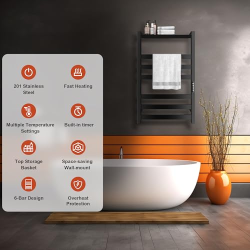 Colliford 31.5 Inch Stainless Steel Towel Warmer Rack with 6 Bars, Wall-Mounted Spa & Bathroom Heating