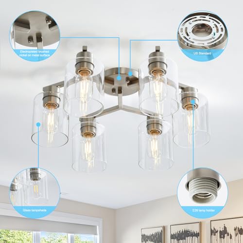 DIDUIO Brushed Nickel 6-Light Semi-Flush Ceiling Light Modern Kitchen & Living Room Fixture
