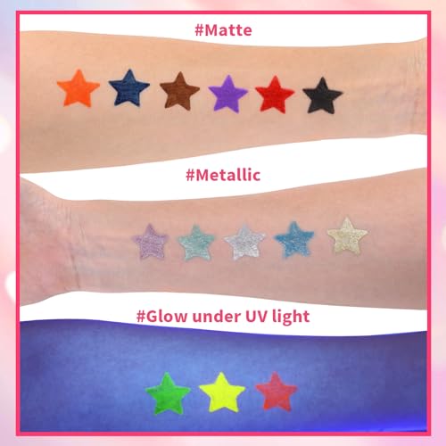 Temporary Tattoo Markers for Skin, 15 Dual Tip Fake Tattoo Pens ? Glitter, Matte, Neon Glow Body Marker with 50 Paint Stencils & 43 Stickers, Washable Markers for Teens & Adlut