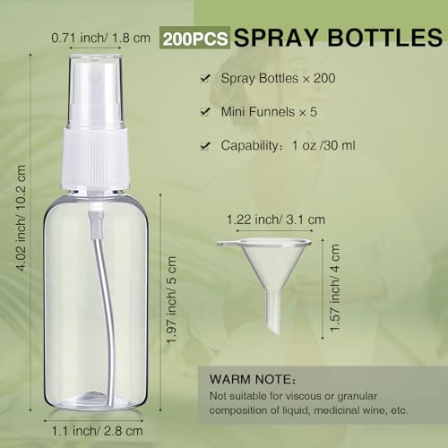 Uiifan 200 Pcs Mini Clear Spray Bottles 1 oz Small Empty Plastic Fine Mist Spray Bottles with Small Funnels for Essential Oils Travel Alcohol Perfumes