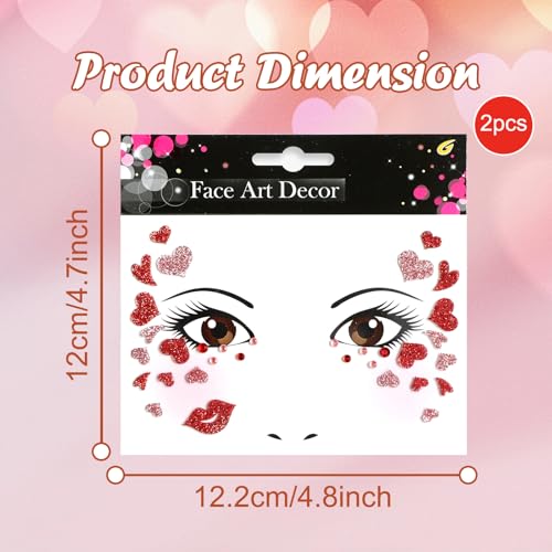 Valentines Temporary Tattoos Glitter Fake Tattoos Red Heart Lip Tattoo Stickers Eyes Face Gems Stickers for Women Girls Makeup Holiday Party Supplies 2Pcs