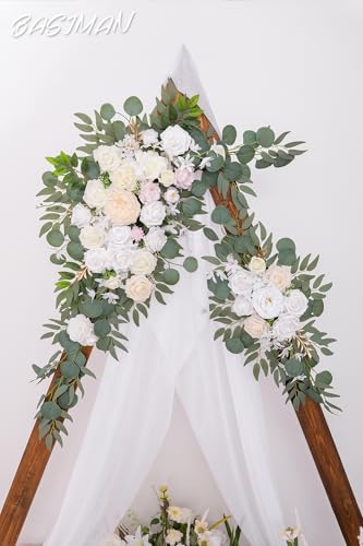 Wedding Arch Flowers Pack of 2 with Gauze Curtain for Ceremony & Reception - White Variation