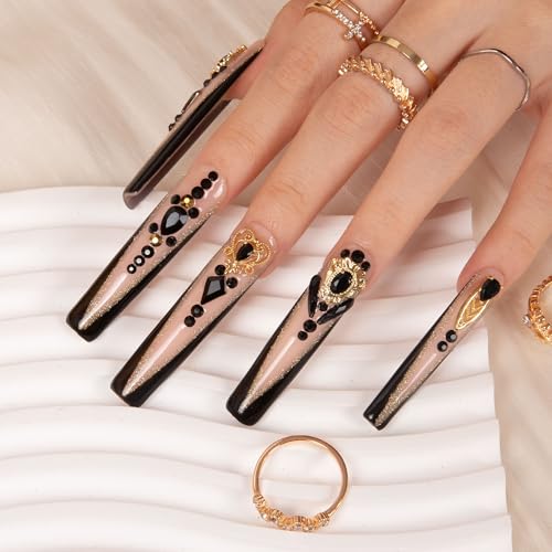 LOVFUL Press on Nails Obsidian Palace Black French Tip | Handmade with Full Covered Crystals | Reusable Full Cover Nails | Square Long 2.2 in | H165-S