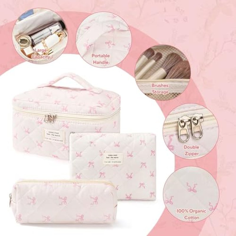 3Pcs Makeup Bag Cute Cosmetic Bags for Women, Large Capacity Travel Quilted Makeup Bag Set,Cotton Floral Makeup Pouch, Coquette Puffy Toiletry Bag,Attractive Quilted Pouch (Pink bow)
