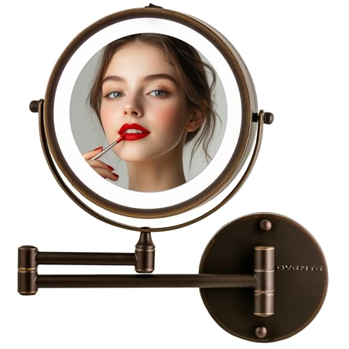 Wall Mounted Lighted Makeup Mirror - 8.5 inch, 10X Magnification, Antique Bronze