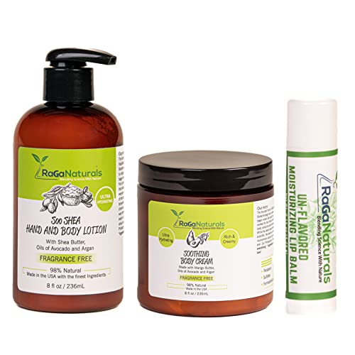 RaGaNaturals Fragrance Free Body Lotion, Body Cream and Fragrance Free Moisturizing Lip Balm.