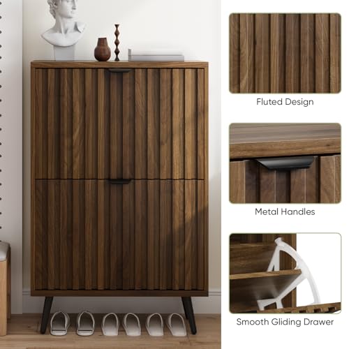 Walnut Shoe Cabinet with Flip Drawers - 23.6 Inch Freestanding Organizer with Fluted Design