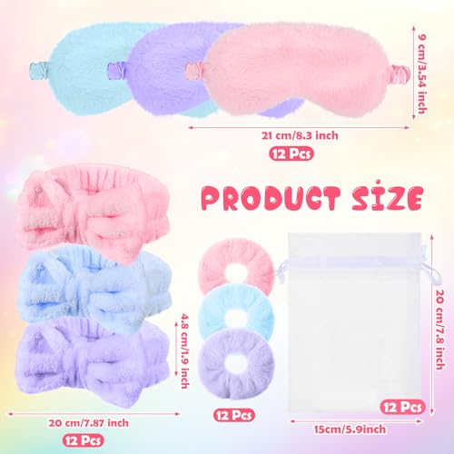 Spa Party Favor Set with Headbands Eye Masks Scrunchies & Bags - Pink, Blue, Purple