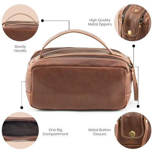 Handmade World Leather Toiletry Bag for Men - Genuine Full Grain Leather Dopp Kit ¡°Golden Oak¡± - Large Travel Shaving Kit Organizer Grooming Bag