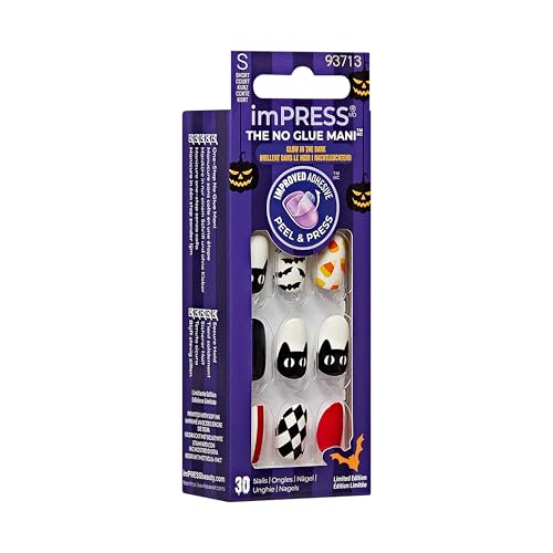 KISS Impress Press-On Manicure Fake Nails, Spooky Fairy - Short Length, Round Shape, Polish-Free Halloween Theme Mani, Includes Prep Pad, Mini File, Manicure Stick, and 30 Fake Nails