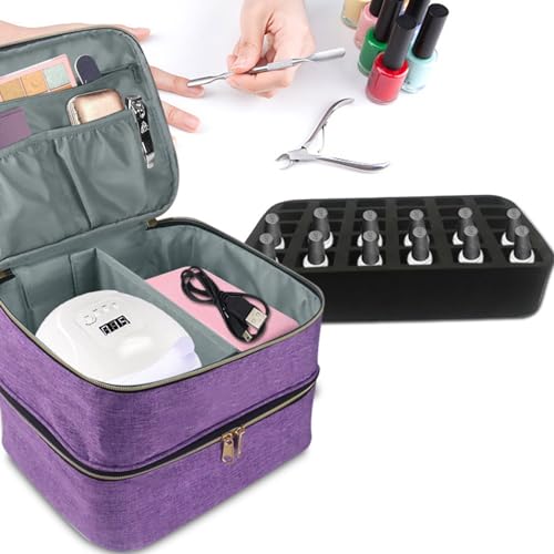 Meichoon Essentials Nail Polish Carrying Organizer 2 Layers Storage Holder Case with Adjustable Bottle Compartment 30 Bottles of Gel lamp and Manicure Tools Large Makeup Bag Travel Purple