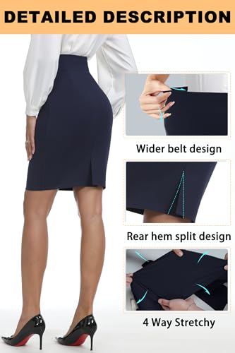 iChosy Women's Navy Blue High Waist Knee Length Bodycon Midi Skirt Small