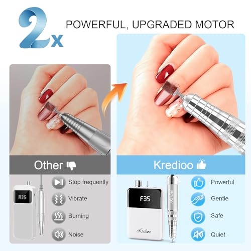 Kredioo Portable Nail Drill 35000 RPM, Rechargeable Electric Nail File E File Kit with Storage Bag Professional Manicure Kit for Nail Lovers Salon Home DIY -White