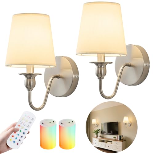 Nuanshued Nickel Battery-Operated Wall Sconces (2 Pack) with 1000mAh Dimmable LED Bulbs, Remote, 15 Colors