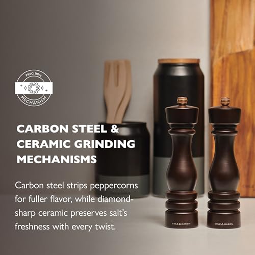 Salt & Pepper Mill Gift Set - Adjustable Ceramic & Steel Mechanisms, 8 Inches, Chocolate Wood
