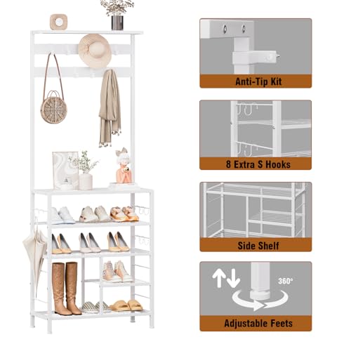 White 5-Tier Hall Tree Entryway Coat Rack with Movable Metal Hooks - GiftGo