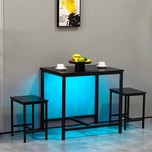 Finnhomy Black 3-Piece Dining Table Set with LED Lights & USB Power Outlets