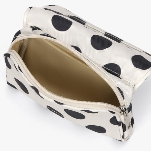 Women’s Nylon Makeup Bag with Built-In Mirror - Polka Dot Travel Organizer, Lightweight & Waterproof, White