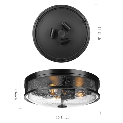 Black 16 Inch Large Flush Mount Ceiling Light Fixture with Seeded Glass - Farmhouse Indoor Outdoor Lamp - Rosient ROS88