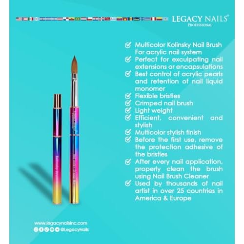 Legacy Nails Professional Multicolor Kolinsky Nail Brush #10 - Perfect For Sculpting Acrylic Nail Extensions Flexible bristles Light weight