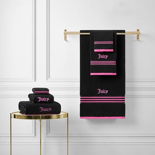 Juicy Couture Black and Hot Pink Border Bath Towels 6-Piece Cotton Set - Quick Dry
