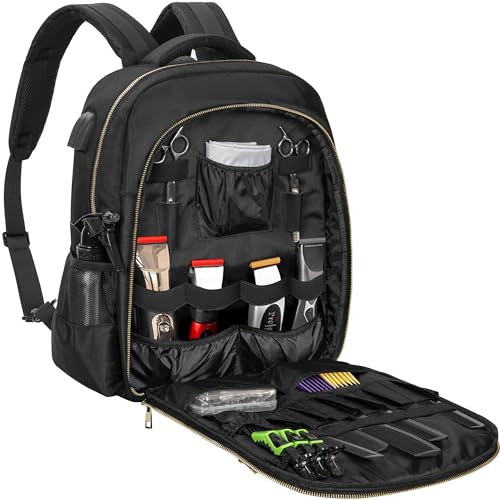 TORIBIO Barber Backpack Bag with USB Port for Men - Black + Gold