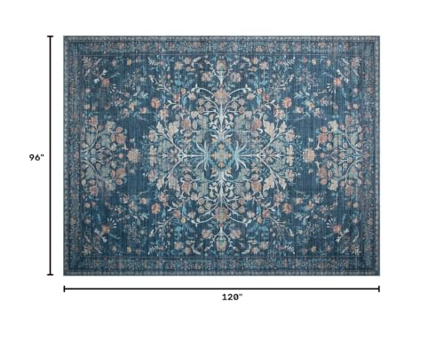 Navy Blue 8x10 Area Rug with Gold & Teal Floral Pattern - Soft Faux Wool, Non-Slip Backing, Stain-Resistant, Durable Edges, Large Bedroom & Living Room Carpet
