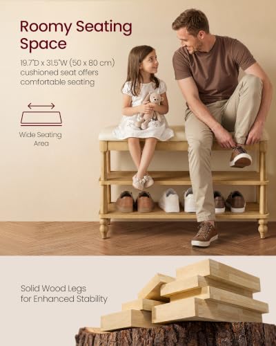 VASAGLE Wooden Entryway Shoe Bench with 2 Tiers, Natural Brown, 31.5" Wide