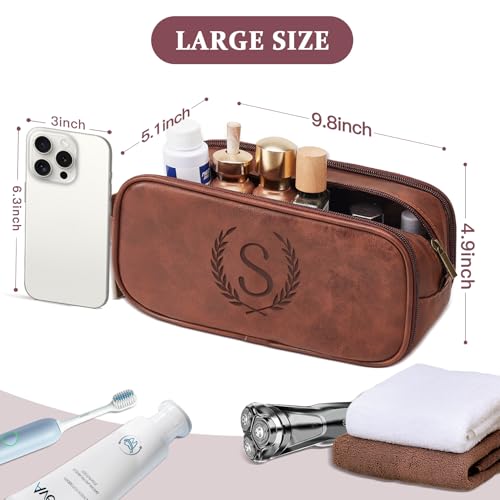 Men's PU Leather Travel Toiletry Bag with Engraved Initials, Waterproof, Red Brown A