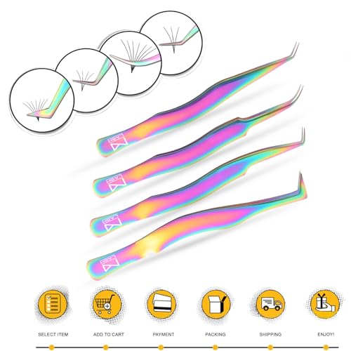 M LASH Eyelash Tweezers for Eyelash Extensions (Set of 4) - Professional Lash Extension Tweezers - Fiber Tip Lash Tweezers, Japanese Steel, Diamond Grip For Flawless Application (White)