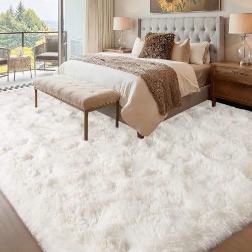 Cream 8x10 Area Rug for Living Room - Large Fluffy Shaggy Carpet