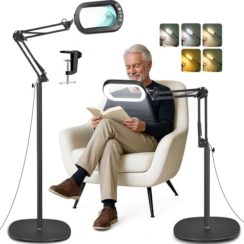 IVMAIE 12X Magnifying Glass with Light & Stand - Black, 5 Color Modes Dimmable LED, Hands-Free Floor & Clamp Lamp, Reading & Crafting