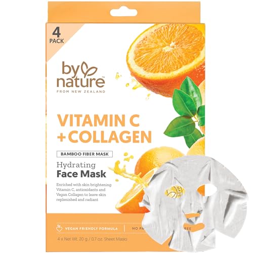By Nature Vitamin C + Collagen Sheet Face Mask with Vitamin E ? Firming, Anti-Aging Facial Treatment for Radiance, Elasticity & Hydration ? Skincare for Pre-Event Glow & All Skin Types ? Pack of 4