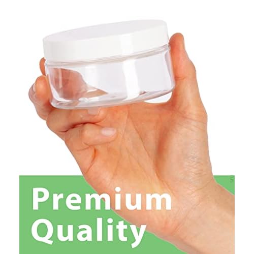 JUVITUS 8 oz Clear PET Plastic Low Profile Jar with White Smooth Lids (12 Pack) BPA Free Large Refillable Empty Storage Containers