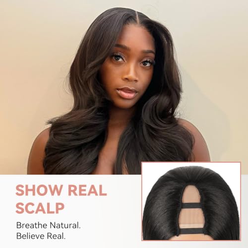 PREMPO 20 Inch Natural Black Wavy V Part Wig for Black Women - Glueless, Layered Synthetic Hair