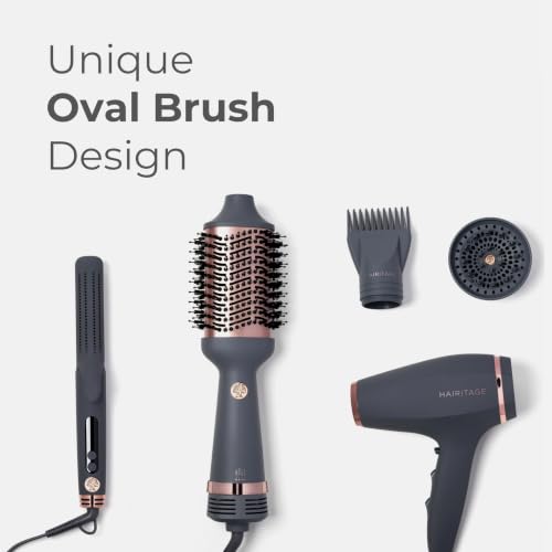 Hairitage Volumizing Blow Dry Brush & Hair Dryer - Ceramic Tourmaline, 2 Heat Settings, Frizz-Free Styling