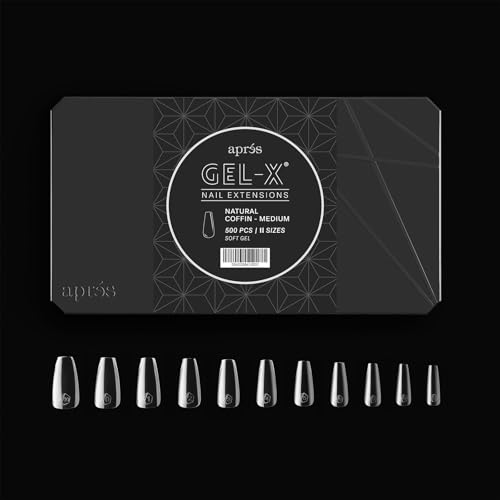Apres Gel-X¢ç Natural Coffin Medium Tip Box | 500pc Gel-X Tips, 11 Sizes 00-9, Premium Quality