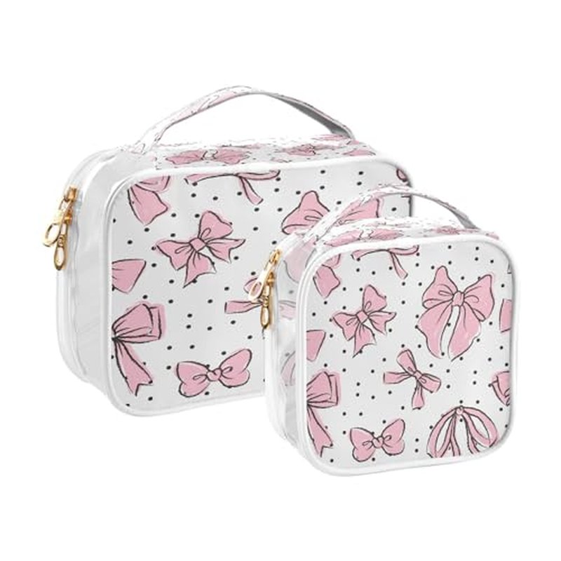 Kigai Pink Bow Makeup Bags for Women and Girls Waterproof Portable Cosmetic Bag Clear Toiletry Bag with Zipper & Handle Travel Accessories Organizer, 2 Pack