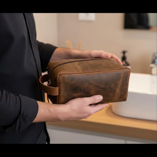 Leather Toiletry Bag, Cosmetic Case, Classy Dopp Kit - Best Gift - Premium Genuine Leather Dopp Kit Shaving Kit Organizer Travel Kit Pouch Bag f - Large Size (Oil pull up) (Dark Brown)