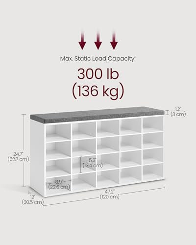 VASAGLE Shoe Storage Bench with Cushion, 20 Cubbies, White & Gray, 47.2 x 12 x 24.7 Inches